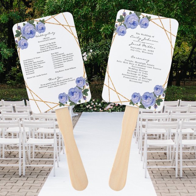 Elegant Gold Glitter Geo Blue Floral Wed Program Hand Fan (Creator Uploaded)