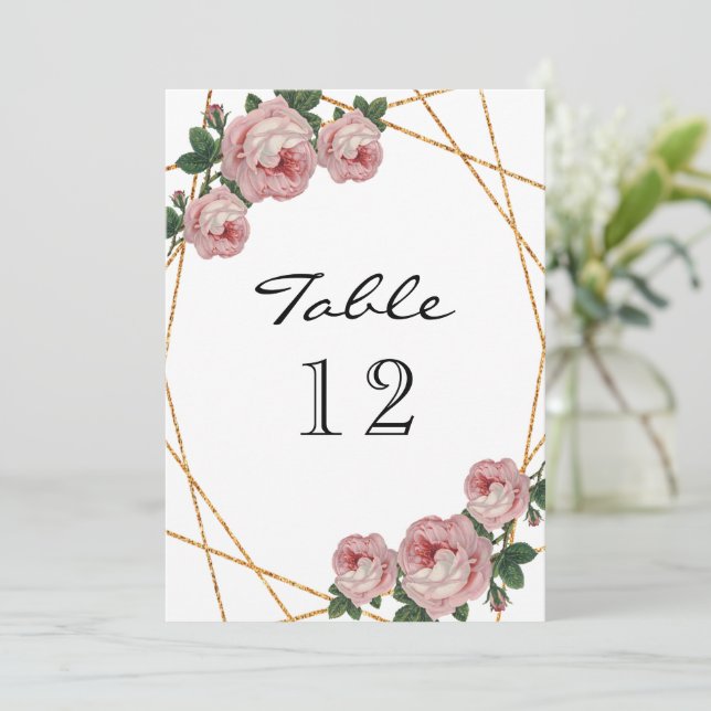 Elegant Gold Glitter Geo Pink Floral Table Number (Standing Front)