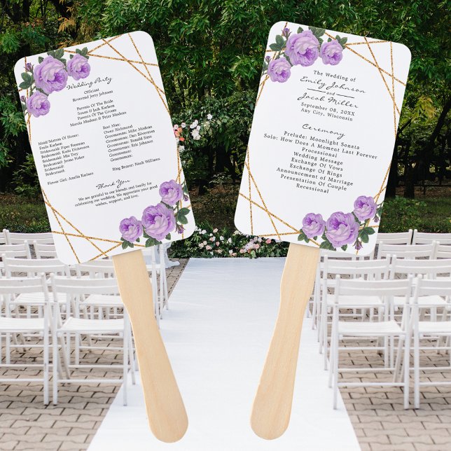 Elegant Gold Glitter Geo Purple Floral Wed Program Hand Fan (Creator Uploaded)