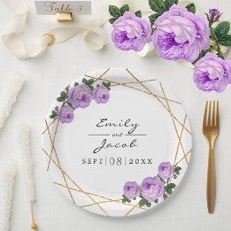 Elegant Gold Glitter Geo Purple Floral Wedding Paper Plate
