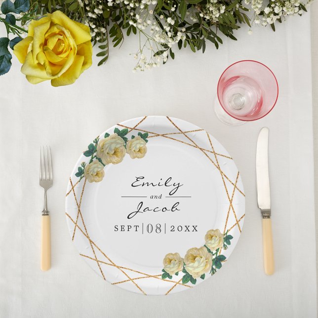 Elegant Gold Glitter Geo Yellow Floral Wedding Paper Plate (Elegant Gold Glitter Geometric Blue Floral Wedding Paper Plates)