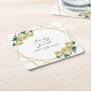 Elegant Gold Glitter Geo Yellow Floral Wedding Square Paper Coaster
