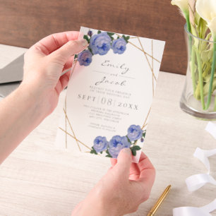 Elegant Gold Glitter Geometric Blue Wedding Vellum Invitations