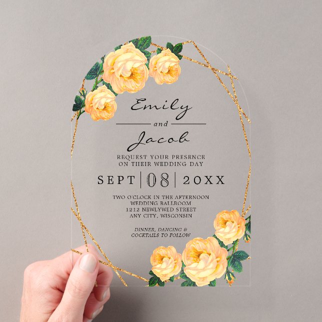 Elegant Gold Glitter Geometric Orange Floral Wed Acrylic Invitations (Insitu (Handheld))