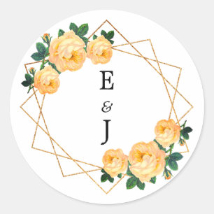 Elegant Gold Glitter Geometric Orange Floral Wed Classic Round Sticker