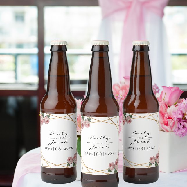 Elegant Gold Glitter Geometric Pink Floral Wedding Beer Bottle Label (Elegant Gold Glitter Geometric Pink Floral Wedding Beer Bottle Label)