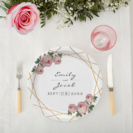 Elegant Gold Glitter Geometric Pink Floral Wedding Paper Plate