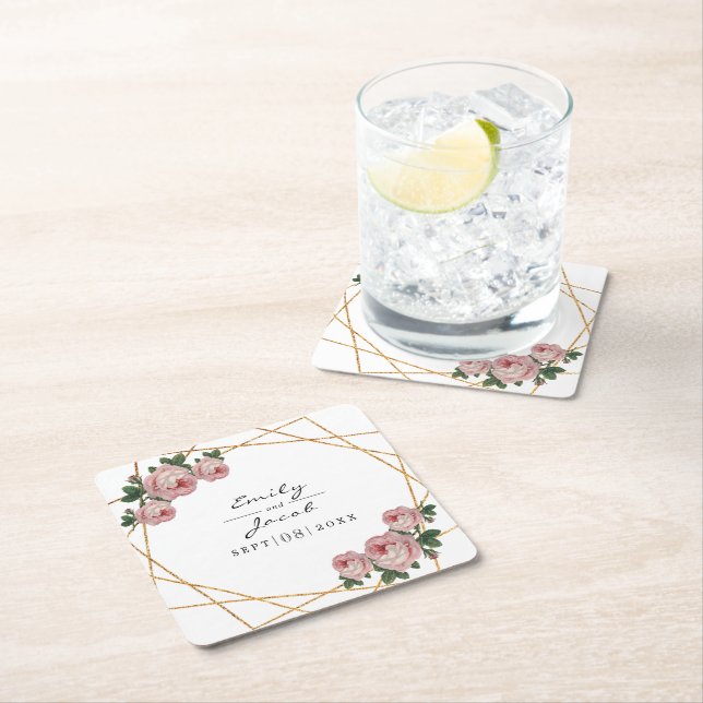 Elegant Gold Glitter Geometric Pink Floral Wedding Square Paper Coaster (Insitu)