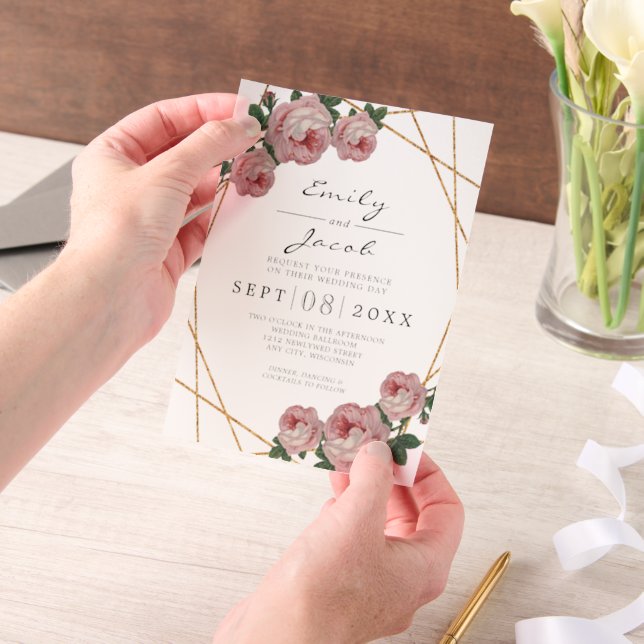 Elegant Gold Glitter Geometric Pink Wedding Vellum Invitations (Handheld)
