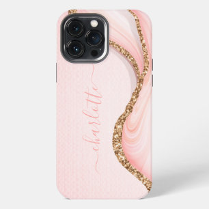 Elegant Gold Glitter Girly Glam Pink Marble Name iPhone 13 Pro Max Case