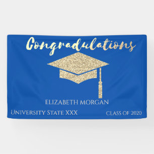 Elegant Gold Glitter Graduate Cap,Blue Graduation Banner