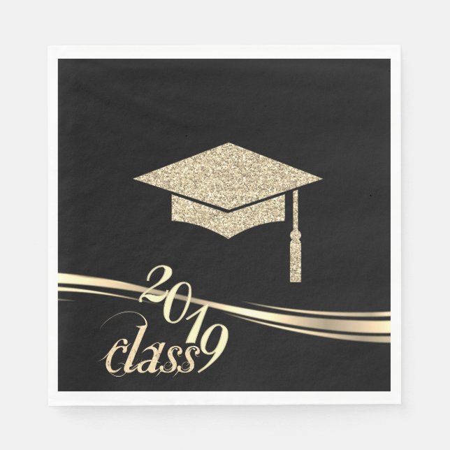Elegant Gold Glitter Graduation Cap, Class 2019 Napkin (Front)