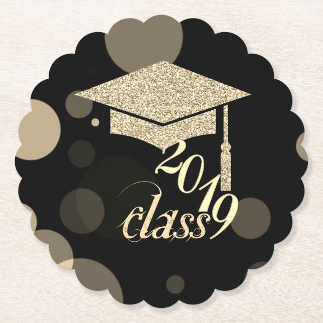 Elegant Gold Glitter Graduation Cap, Class 2019 Paper Coaster (Front)