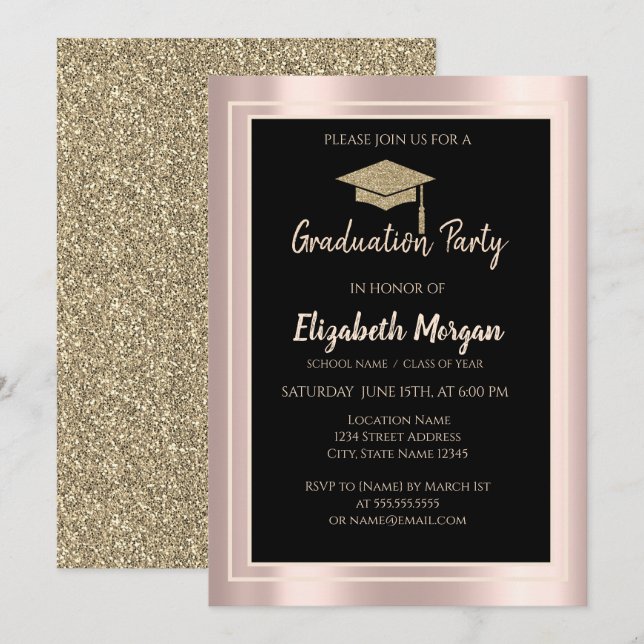 Elegant Gold Glitter Graduation Cap Rose Gold Invitation (Front/Back)