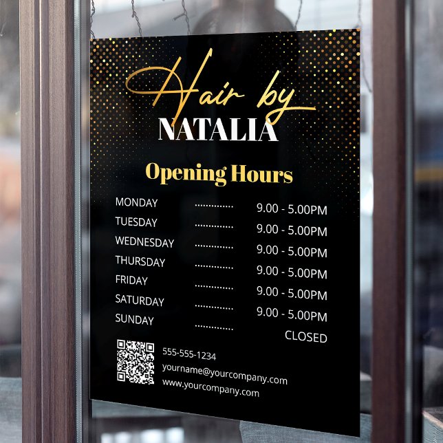 Elegant Gold Glitter Hair Salon Business Hours Window Cling (Creator Uploaded)