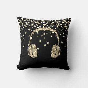 Elegant Gold glitter Headphone,Confetti,Black Throw Pillow