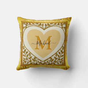 Elegant Gold Glitter Heart Initial & Name Throw Pillow