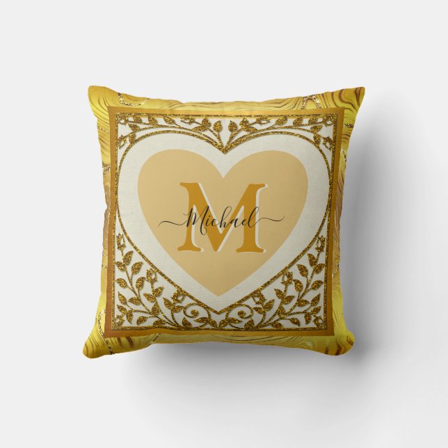 Elegant Gold Glitter Heart Initial & Name Throw Pillow (Back)