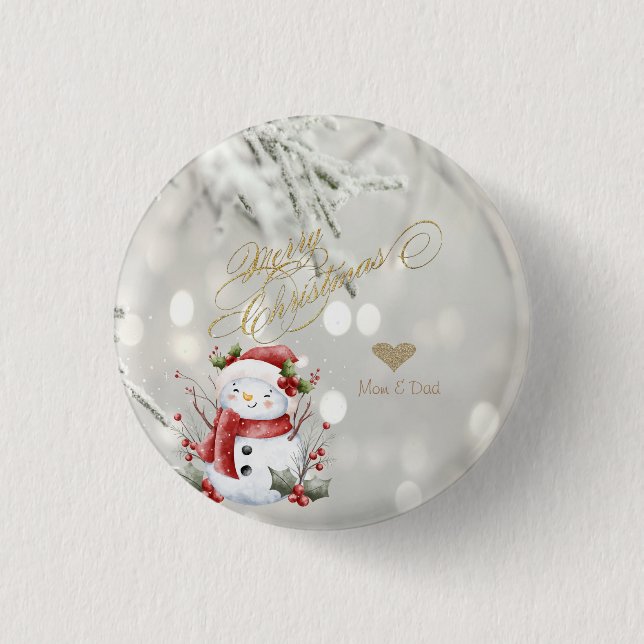 Elegant Gold Glitter Heart Snowman 1 Inch Round Button (Front)