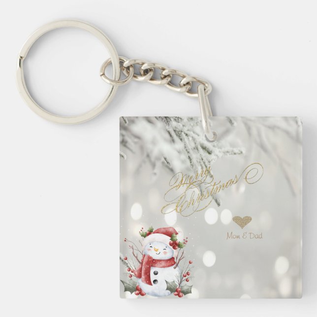 Elegant Gold Glitter Heart Snowman Keychain (Front)