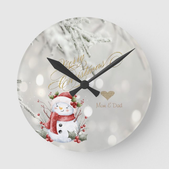 Elegant Gold Glitter Heart Snowman Round Clock (Front)