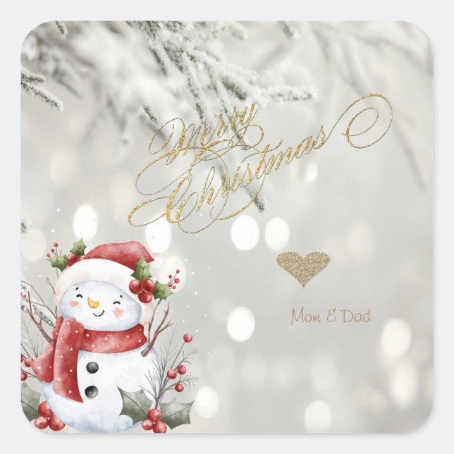Elegant Gold Glitter Heart Snowman Square Sticker (Front)