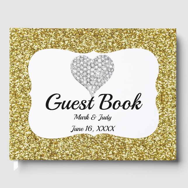 Elegant Gold Glitter Heart Wedding Guestbook (Front)