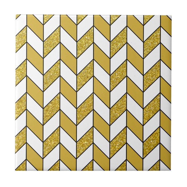 Elegant Gold Glitter Herringbone Chevron Pattern Tile (Front)