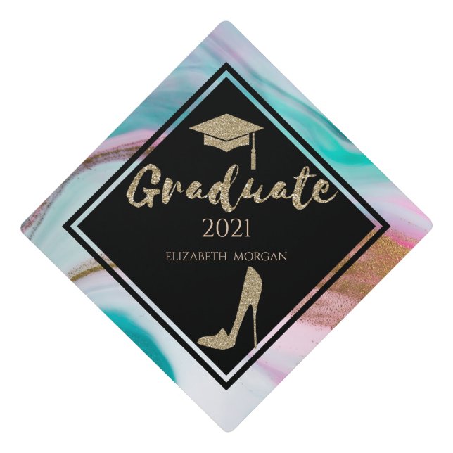 Elegant Gold Glitter High Heels,Abstract Marble Graduation Cap Topper (Front)
