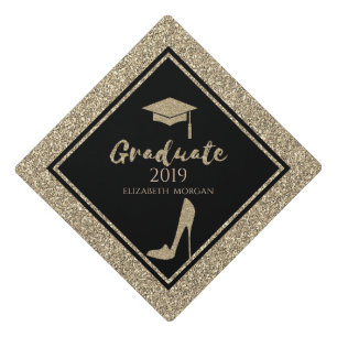 Elegant Gold Glitter High Heels, Graduate Cap