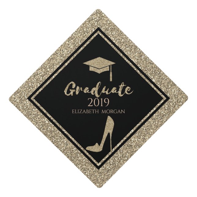 Elegant Gold Glitter High Heels, Graduate Cap (Front)