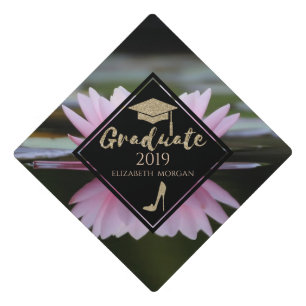 Elegant Gold Glitter High Heels,Lotus Graduate Cap