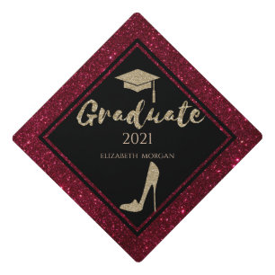 Elegant Gold Glitter High Heels,Red Graduation Cap Topper