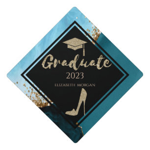 Elegant Gold Glitter High Heels,Turquoise Marble Graduation Cap Topper