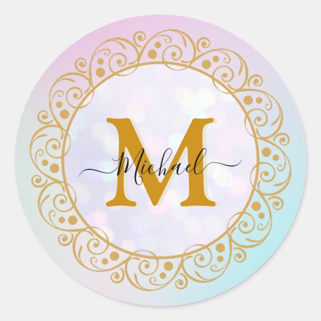 Elegant Gold Glitter Initial & Name Classic Round Sticker (Front)