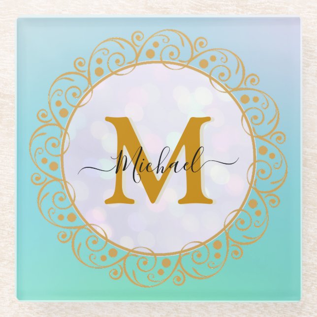 Elegant Gold Glitter Initial & Name Glass Coaster (Front)