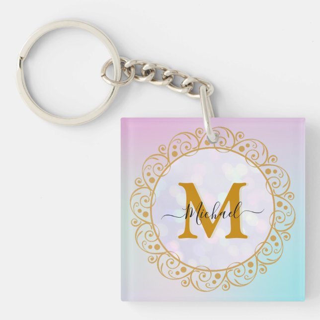 Elegant Gold Glitter Initial & Name Keychain (Front)