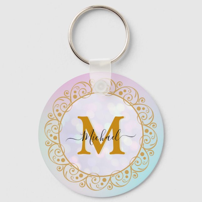 Elegant Gold Glitter Initial & Name Keychain (Front)