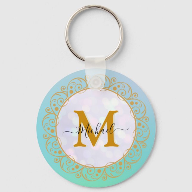 Elegant Gold Glitter Initial & Name Keychain (Front)