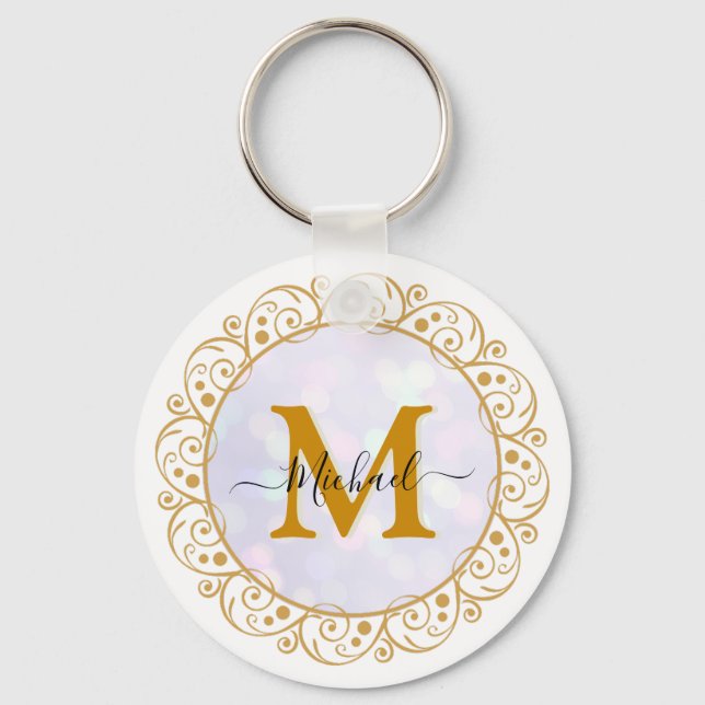 Elegant Gold Glitter Initial & Name Keychain (Front)