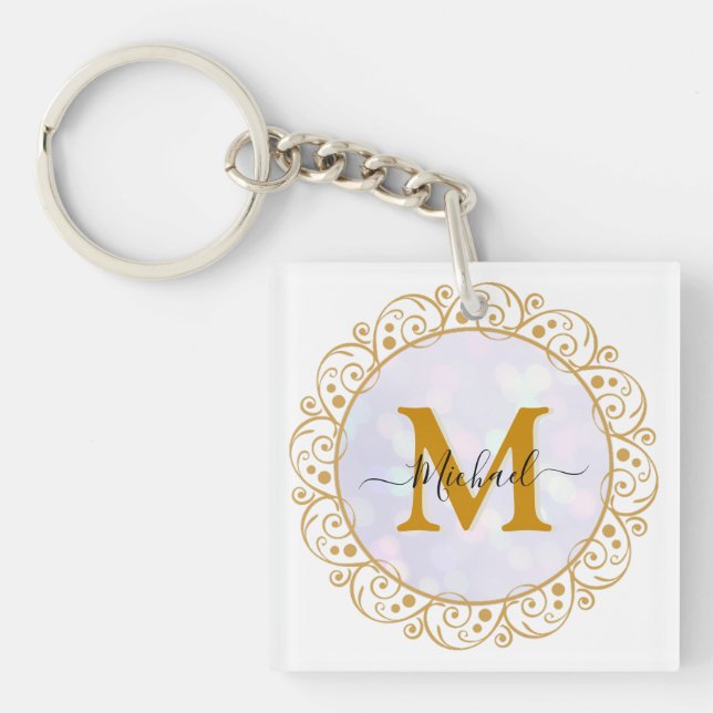 Elegant Gold Glitter Initial & Name Keychain (Front)