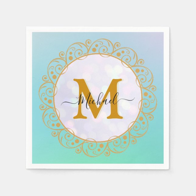 Elegant Gold Glitter Initial & Name Napkin (Front)