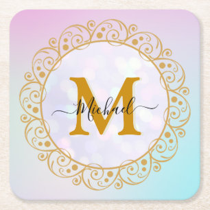 Elegant Gold Glitter Initial & Name Square Paper Coaster