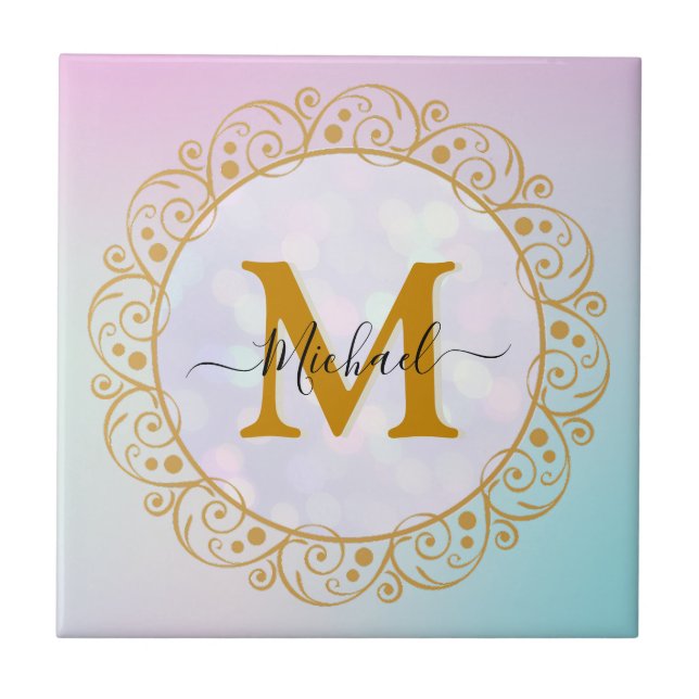 Elegant Gold Glitter Initial & Name Tile (Front)