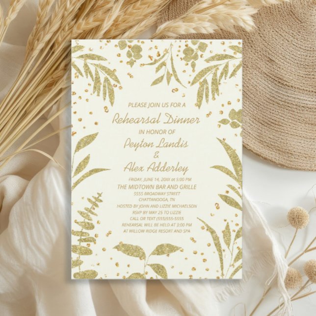 Elegant Gold Glitter Leaves Wedding Rehearsal Invitation (Gold leaves and glitter on cream-colored wedding rehearsal dinner invitation)