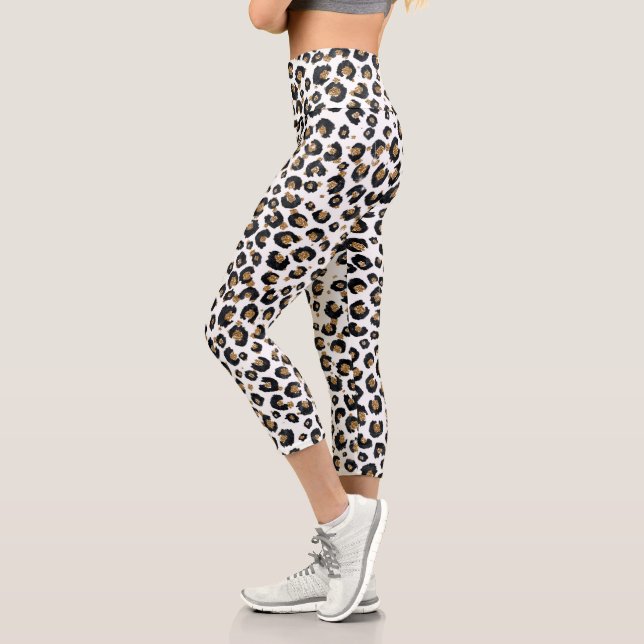 Elegant Gold Glitter Leopard Pattern Capri Leggings (Left)