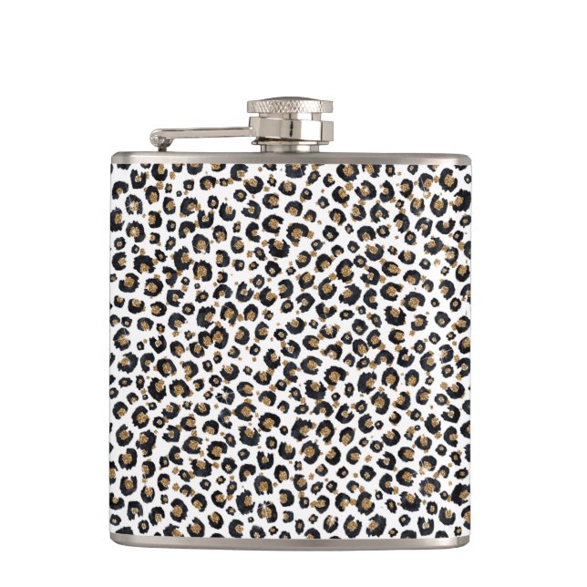 Elegant Gold Glitter Leopard Pattern Hip Flask (Front)