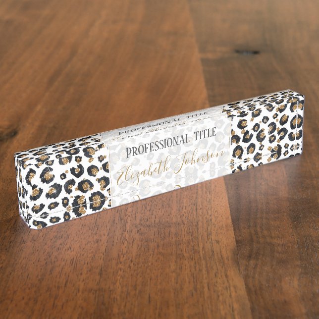 Elegant Gold Glitter Leopard Pattern Nameplate (Side)