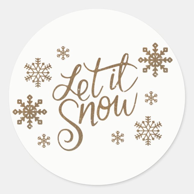 Elegant gold glitter let it snow text snowflakes classic round sticker (Front)