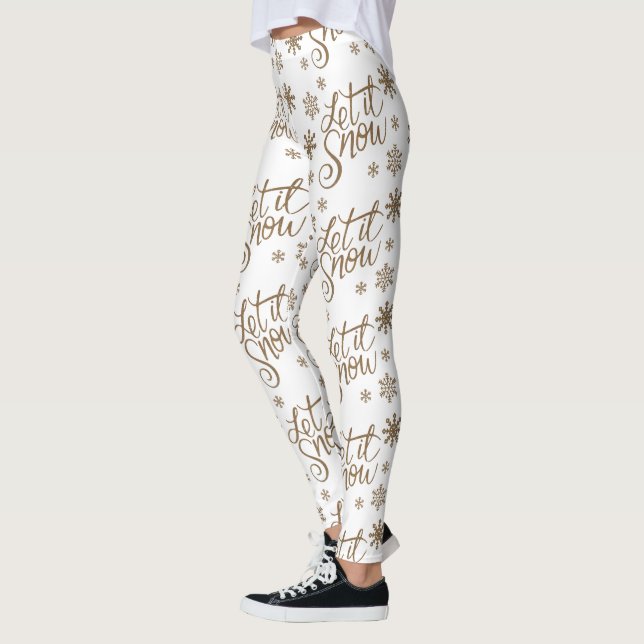 Elegant gold glitter let it snow text snowflakes leggings (Left)